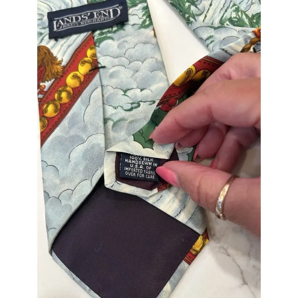 Vtg LANDS END SILK Mens TIE “SLEIGH RIDE TO GRANDMAS HOUSE” 3.5” Hand Sewn USA